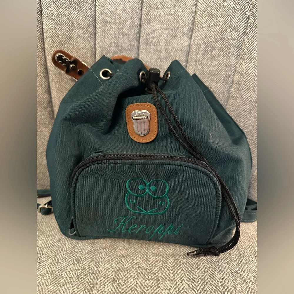 Vintage 90s Keroppi Sanrio Mini Backpack Canvas & Suede Flap - Picture 4 of 14